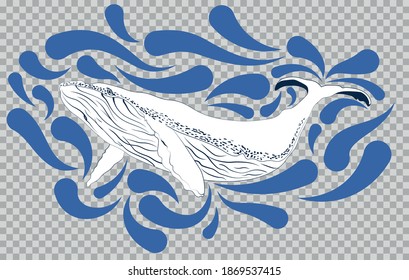Vector hand drawn whale with splash texture on transparent background.