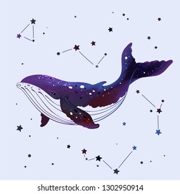 Vector hand drawn whale with statars background. Space whale illustration. Sketch. Tattoo art, graphic, t-shirt design, poster design, invitations, greeting cards, posters.