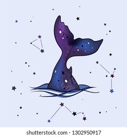 Vector hand drawn whale with statars background. Space whale illustration. Sketch. Tattoo art, graphic, t-shirt design, poster design, invitations, greeting cards, posters.