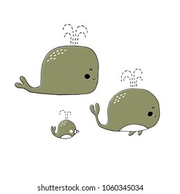 Vector hand drawn whales set. For children fashion and stationery, nursery, scrapbooking, home decor and textile, surface design. Ocean marine world. Part of a large sea creatures collection.