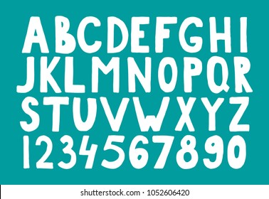 Vector hand drawn white bold font. Handwritten alphabet, abc capital letters and numbers set isolated on green background. Hand made typography for posters, invitations, cards design.Marker lettering.