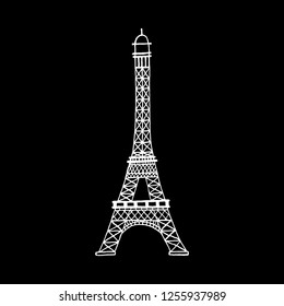 Vector hand drawn white Eiffel tower on black background. Vector hand drawn illustration.