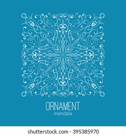 Vector hand drawn white floral mandala circle ornament isolated on the blue background. For tattoo design or greetings card, for design, associated with yoga and India. Square mandala illustration.