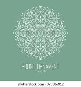 Vector hand drawn white floral mandala circle ornament isolated on the green background. For tattoo design or greetings card, for design, associated with yoga and India. Circle mandala illustration.
