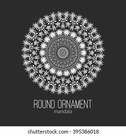 Vector hand drawn white floral mandala circle ornament isolated on the black background. For tattoo design or greetings card, for design, associated with yoga and India. Circle mandala illustration.
