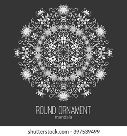 Vector hand drawn white floral mandala circle ornament isolated on the black background. For tattoo design or greetings card, for design, associated with yoga and India. Circle mandala illustration.