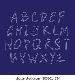 Vector hand drawn white font. Handwritten alphabet, abc capital letters set isolated on blue background. Hand made typography for posters, invitations, cards design. Marker lettering.
