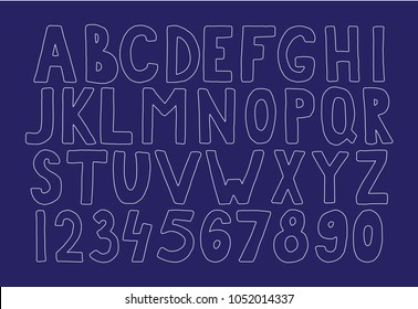 Vector hand drawn white font. Handwritten alphabet, abc capital letters and numbers set isolated on blue background. Hand made typography for posters, invitations, cards design. Marker lettering.