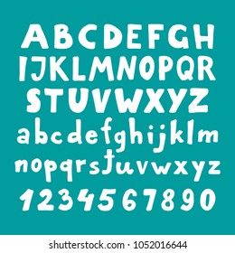 Vector hand drawn white font. Handwritten alphabet, abc capital and lowercase letters and numbers set isolated on green background. Typography for posters, invitations, cards design. Marker lettering.