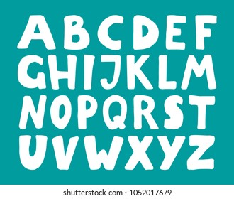 Vector hand drawn white font. Handwritten alphabet, abc capital letters set isolated on green background. Hand made typography for posters, invitations, cards design. Marker lettering.