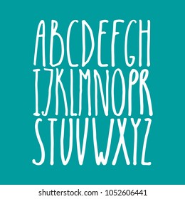 Vector hand drawn white font. Handwritten alphabet, abc capital letters set isolated on green background. Hand made typography for posters, invitations, cards design. Marker lettering.