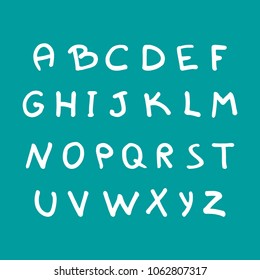 Vector hand drawn white font. Handwritten alphabet, abc capital letters set isolated on green background. Hand made typography for posters, invitations, cards design. Marker lettering.