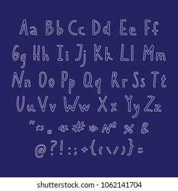 Vector hand drawn white outlined font. Handwritten alphabet, abc capital lowercase letters and symbols set isolated on blue background. Hand made typography for posters, cards design. Marker lettering