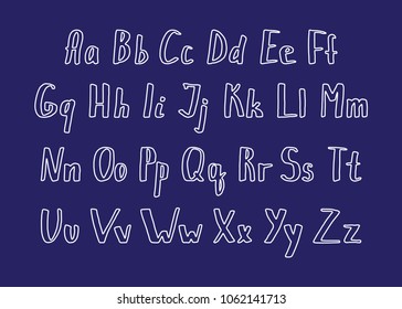 Vector hand drawn white outlined font. Handwritten alphabet, abc capital and lowercase letters set isolated on blue background. Hand made typography for posters, invitations design. Marker lettering.
