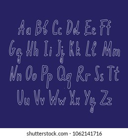 Vector hand drawn white outlined font. Handwritten alphabet, abc capital and lowercase letters set isolated on blue background. Hand made typography for posters, invitations design. Marker lettering.