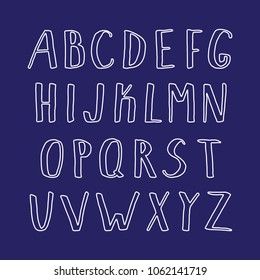 Vector hand drawn white outlined font. Handwritten alphabet, abc capital letters set isolated on blue background. Hand made typography for posters, invitations, cards design. Marker lettering.