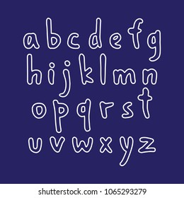 Vector hand drawn white outlined font. Handwritten script alphabet, abc lowercase italic letters set isolated on green background. Hand made typography for posters, cards design. Marker lettering