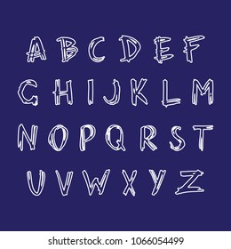 Vector hand drawn white outlined font. Handwritten alphabet, abc capital letters set isolated on blue background. Hand made typography for posters, invitations, cards design. Marker lettering