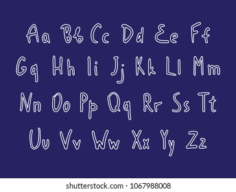 Vector hand drawn white outlined font. Handwritten alphabet, abc capital and lowercase letters set isolated on blue background. Hand made typography for posters, invitations, cards. Marker lettering