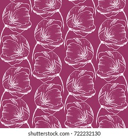 Vector hand drawn white poppy flower pattern seamless on purple background