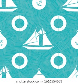 Vector hand drawn white sailing boats, anchors and life buoys on aqua watercolor effect background. Seamless geometric pattern For marine, sailing, summer products, sport, vacation, packaging, fabric