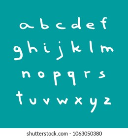 Vector hand drawn white script font. Handwritten alphabet, abc lowercase italic letters set isolated on green background. Hand made typography for posters, invitations, cards design. Marker lettering