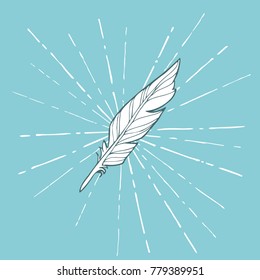 Vector hand drawn white sketched feather on blue background. Eps-8