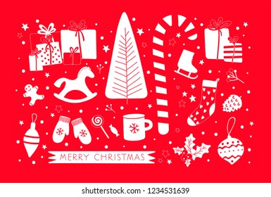 Vector hand drawn white winter set
on red background. Winter seasonal illustration. Christmas seasonal items. Design for seasonal prints, poster, greeting card. Vector  background. 