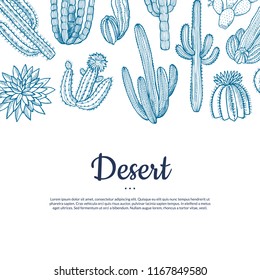 Vector hand drawn wild cacti plants background with place for text illustration