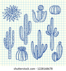 Vector hand drawn wild cacti plants set on blue cell sheet background illustration