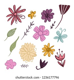 Vector hand drawn wild flowers set, decor elements. Print for posters, cards, mugs, clothes and other.