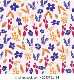 Vector hand drawn wild flowers and herbs seamless pattern