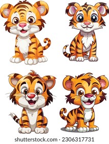 vector hand drawn wild tiger collection,ector cute baby tiger character ,