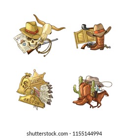 Vector hand drawn wild west cowboy elements piles set isolated on white background illustration. American cowboy, horseshoe and sherif star