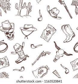 Vector hand drawn wild west cowboy monochrome seamless pattern or background illustration