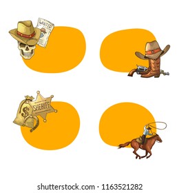 Vector hand drawn wild west cowboy elements stickers with place for text set illustration