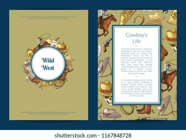 Vector hand drawn wild west cowboy elements card or flyer template illustration. Vintage banner and poster