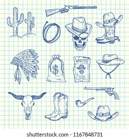 Vector hand drawn wild west cowboy elements set on blue cell sheet background illustration