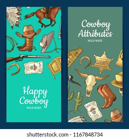 Vector hand drawn wild west cowboy elements web banner templates illustration