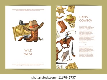 Vector hand drawn wild west cowboy elements card or flyer template illustration. Banner and poster
