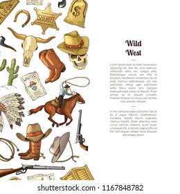 Vector hand drawn wild west cowboy elements background with place for text illustration