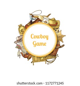 Vector hand drawn wild west cowboy elements under circle with place for text illustration