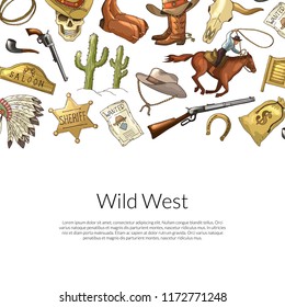 Vector hand drawn wild west cowboy elements background with place for text illustration