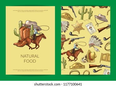 Vector hand drawn wild west cowboy elements banner and poster card or web flyer template illustration