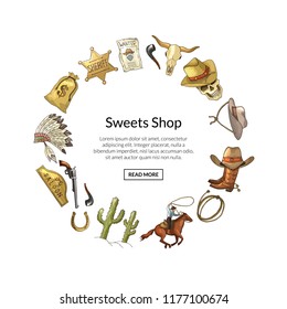 Vector hand drawn wild west cowboy elements in circle shape with place for text illustration isolated on white background