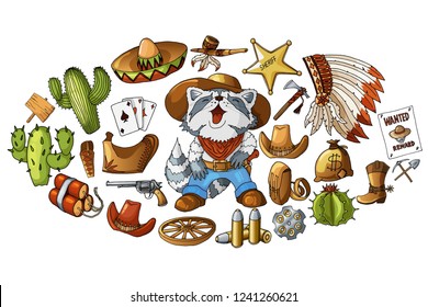 Vector hand drawn wild west cowboy elements stickers set illustration isolated on white. Weapons, items and nature collection with raccoon cartoon character. Boys stickers set.