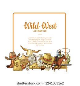 Vector hand drawn wild west cowboy elements below frame with place for text illustration
