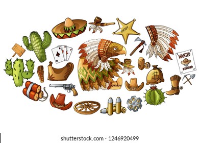 Vector hand drawn wild west indians elements stickers set illustration isolated on white. Weapons, items and nature collection with american eagle cartoon character. Kids stickers set.