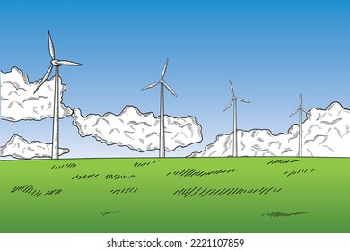 Vector Hand Drawn Wind turbine Towers with Cloudy Sky on White Background. Green Energy Concept Vintage Style Illustration. Wind Power Generators Field. Clean Energy Industry Ecology Concept Landscape