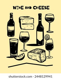 vector hand drawn wine illustration set. Wine bottle, glass, pouring wine, snack, cheese, grapes, vine, vineyard, bread, wine stains. Label, packaging design, Restaurant illustration.